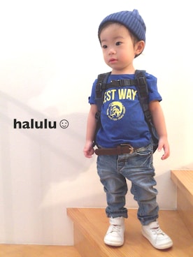 「アイテム（ニットキャップ/ビーニー、ブルー系）」を使った、haluluさん（キッズ・80cm）の夏コーディネート