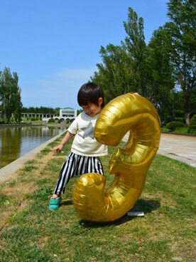 「NEW BALANCE（ニューバランス）のアイテム（スニーカー、グリーン系）」を使った、WAKUさん（キッズ・100cm）の夏コーディネート