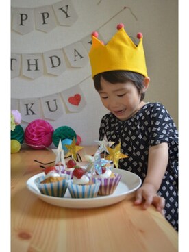 「Handmade（ハンドメイド）のアイテム（帽子、イエロー系）」を使った、WAKUさん（キッズ・100cm）の夏コーディネート