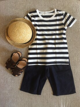 「無印良品（ムジルシリョウヒン）のアイテム（Tシャツ/カットソー、ホワイト系）」を使った、WAKUさん（キッズ・100cm）の夏コーディネート