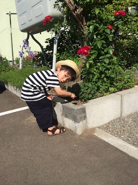 「西松屋（ニシマツヤ）のアイテム（サンダル、ブラウン系）」を使った、WAKUさん（キッズ・100cm）の夏コーディネート