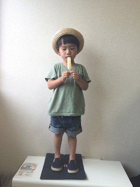 「西松屋（ニシマツヤ）のアイテム（帽子、ベージュ系）」を使った、WAKUさん（キッズ・100cm）の夏コーディネート