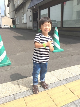 「無印良品（ムジルシリョウヒン）のアイテム（Tシャツ/カットソー、その他）」を使った、WAKUさん（キッズ・100cm）の夏コーディネート