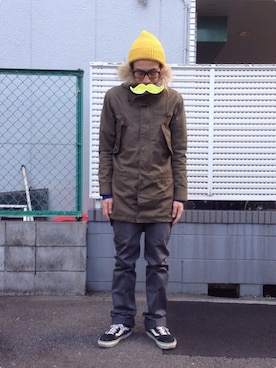 「黒縁メガネ」｜「アイテム（モッズコート）」を使った、endyさん（メンズ・172cm）の冬コーディネート