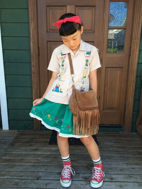 「古着のアイテム（シャツ/ブラウス、ベージュ系）」を使った、しおきちさん（キッズ・147cm）の夏コーディネート