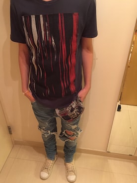 「MIHARAYASUHIRO（ミハラヤスヒロ）のアイテム（Tシャツ/カットソー、グレー系）」を使った、Tak Chiさん（メンズ）の秋コーディネート