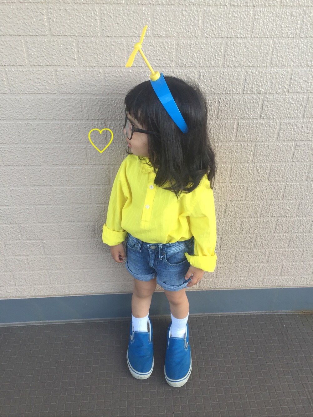 「のび太、タケコプター、ショートパンツ、黄色、コスプレ」｜「UUのアイテム（シャツ/ブラウス、イエロー系）」を使った、くるりさん（キッズ・100cm）の秋コーディネートの1枚目の写真