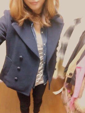 「デニムシャツ」｜「アイテム（ピーコート）」を使った、まりなんぬさん（レディース・155cm）の冬コーディネート