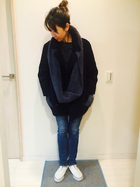 「インディゴデニム」｜「アイテム（ピーコート）」を使った、makoukkoさん（レディース・164cm）の冬コーディネート