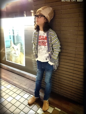 「One deux boo（ワンドゥーブー）のアイテム（ニットキャップ/ビーニー）」を使った、eiseiさん（キッズ・142cm）の春コーディネート