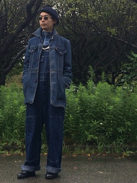 「70's」｜「アイテム（オールインワン・サロペット）」を使った、なっしーさん（メンズ・170cm）の秋コーディネート