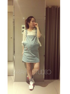 「LOVFEE（ラッフィ）のアイテム（オールインワン・サロペット）」を使った、Sarah Tsaiさん（レディース・152cm）の春コーディネート