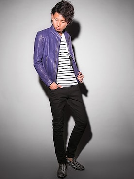 「アイテム（ライダースジャケット、パープル系）」を使った、koukiさん（メンズ・183cm）の秋コーディネート