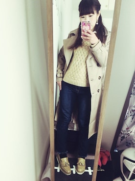 「フリンジデニム」｜「アイテム（トレンチコート）」を使った、JUEさん（レディース・153cm）の冬コーディネート