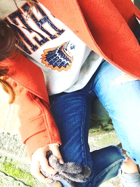 「アイテム（ダッフルコート、オレンジ系）」を使った、もんちゃんさん（レディース・165cm）の冬コーディネート