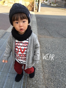 「アイテム（デニムパンツ、レッド系）」を使った、Chibiෆ̈さん（キッズ・80cm）の冬コーディネート