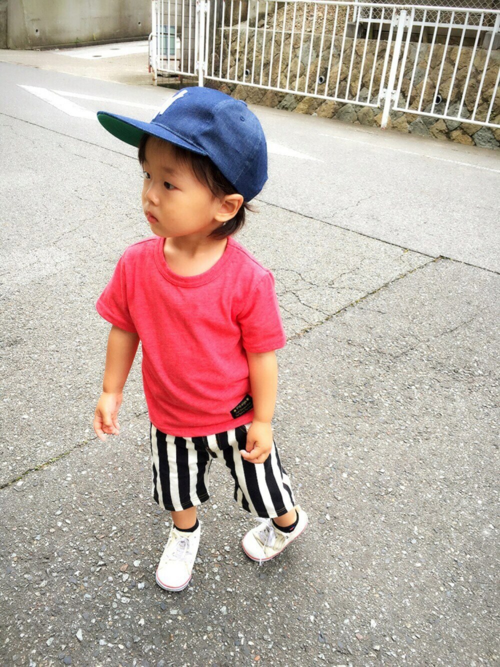 「kids、カジュアルコーデ、男の子、kidsfashion、キャップ、夏、ストライプ、西松屋、プチプラ」｜「西松屋のアイテム（キャップ、ブルー系）」を使った、Chibiෆ̈さん（キッズ・80cm）の夏コーディネートの1枚目の写真