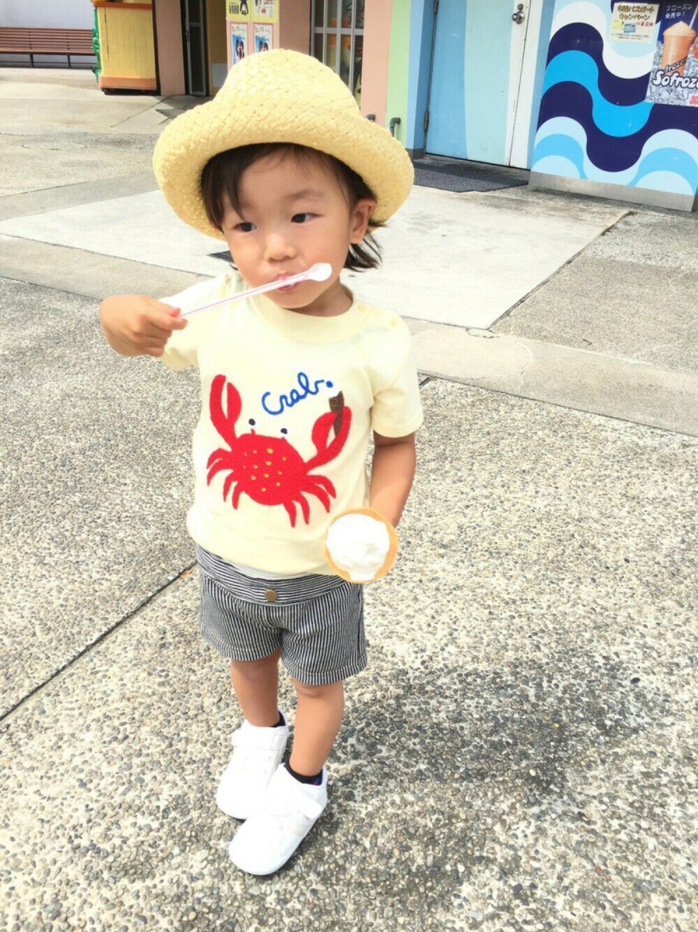 「チャンピオンしか着れなくて。。。夏'16、夏、キッズコーデ、Champion、Tシャツ、おとこのこ、ショートパンツ、チャンピオン、麦わら帽子」｜「トイザラスのアイテム（ハット、ベージュ系）」を使った、Chibiෆ̈さん（キッズ・90cm）の夏コーディネートの1枚目の写真