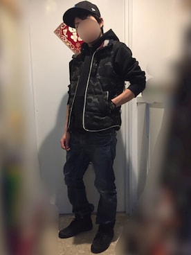 「アイテム（ダウンベスト、その他）」を使った、mAd ha＋＋eRさん（メンズ・167cm）の秋コーディネート