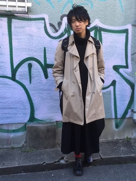 「袴パンツ」｜「アイテム（トレンチコート）」を使った、りょうちゃんさん（メンズ・178cm）の冬コーディネート