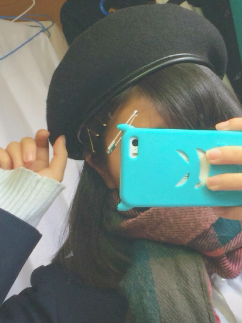 「パイピングベレー帽、ベレー帽、帽子、制服、黒、シンプル、WEGO」｜「WEGOのWEGO/パイピングベレー（ハンチング/ベレー帽、ブラック系）」を使った、よっぴー🐼さん（レディース・157cm）の冬コーディネートの1枚目の写真
