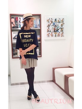 「ストローハット」｜「アイテム（スウェット）」を使った、hayashi asakoさん（レディース・155cm）の春コーディネート
