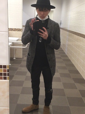 「Yohji Yamamoto（ヨウジヤマモト）のアイテム（チェスターコート）」を使った、Takuma Kobayashiさん（メンズ・165cm）の冬コーディネート