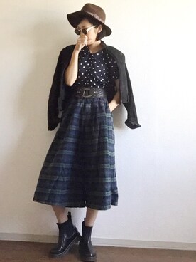 「柄×柄」｜「アイテム（ライダースジャケット）」を使った、yukinoさん（レディース・164cm）の秋コーディネート