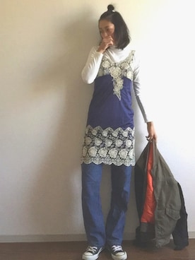 「ハーフアップ」｜「アイテム（チュニック）」を使った、yukinoさん（レディース・164cm）の春コーディネート