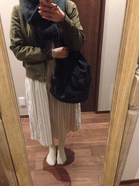 「ストライプワンピース」｜「アイテム（ブルゾン）」を使った、miki.sさん（レディース・159cm）の秋コーディネート