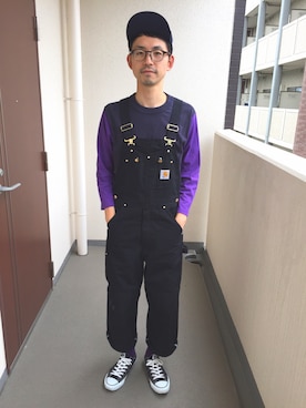 「ベースボールシャツ」｜「アイテム（サロペット/オーバーオール）」を使った、サクさん（メンズ・172cm）の秋コーディネート