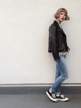 「グランジ」｜「アイテム（ライダースジャケット）」を使った、jouetieさん（レディース・155cm）の秋コーディネート