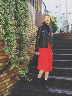 「jouetie（ジュエティ）のアイテム（ライダースジャケット）」を使った、jouetieさん（レディース・155cm）の冬コーディネート