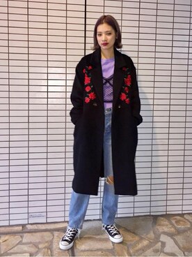 「刺繍」｜「アイテム（チェスターコート）」を使った、jouetieさん（レディース・166cm）の冬コーディネート