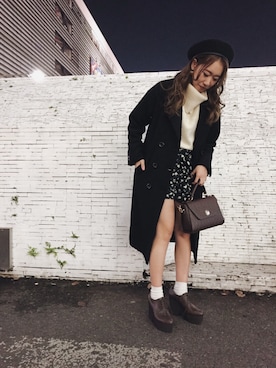 「EVRIS（エヴリス）のツイードロングチェスターコート（チェスターコート、ブラック系）」を使った、Yui Matsumotoさん（レディース・159cm）の秋コーディネート