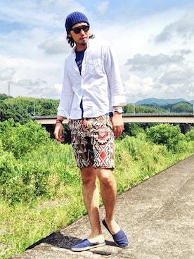 「青いTシャツ」｜「アイテム（帽子）」を使った、youhei0517さん（メンズ・183cm）の夏コーディネート