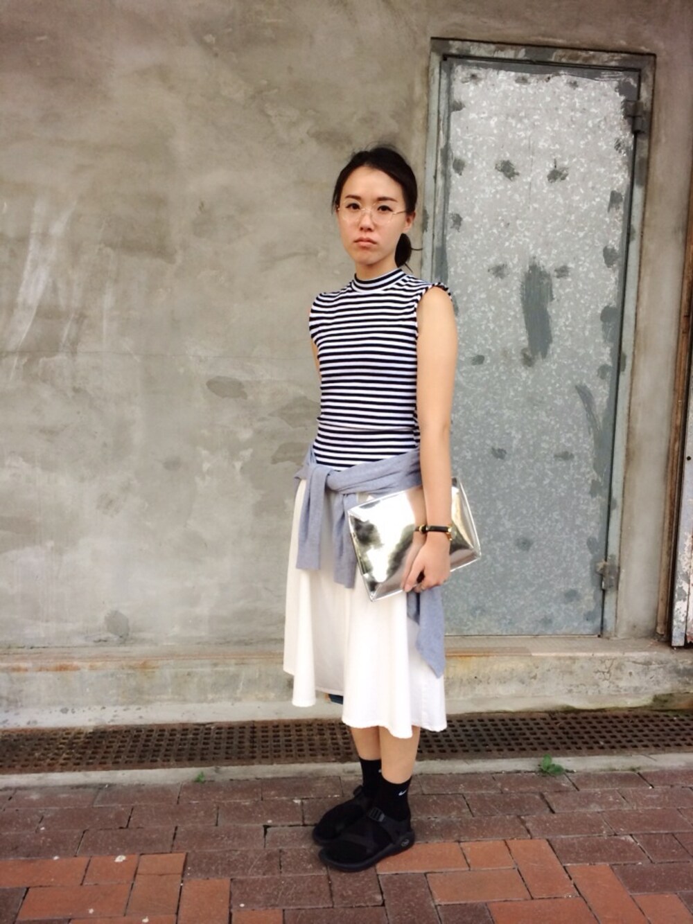 「stripe、chaco」｜「STYLENANDAのアイテム（タンクトップ、ホワイト系）」を使った、Tochingmamさん（レディース・160cm）の夏コーディネートの1枚目の写真