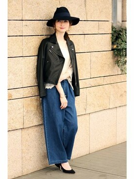 「Spick & Span（スピックアンドスパン）のアイテム（ライダースジャケット）」を使った、Yukoさん（レディース・166cm）の夏コーディネート