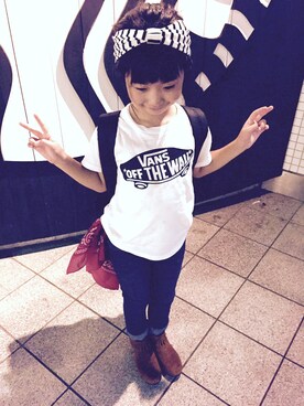 「VANS（バンズ）のアイテム（Tops、ホワイト系）」を使った、kakenさん（キッズ・130cm）の夏コーディネート