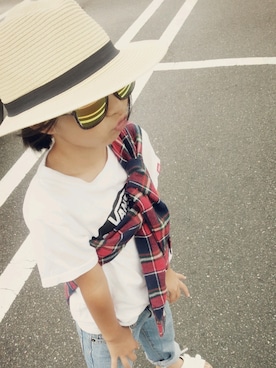 「しまむら（シマムラ）のアイテム（Hats、ベージュ系）」を使った、kakenさん（キッズ・130cm）の夏コーディネート