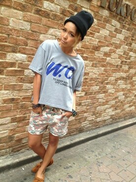 「WC（ダブル シー）のアイテム（ニットキャップ/ビーニー）」を使った、WEB_STAFFさん（レディース・154cm）の夏コーディネート