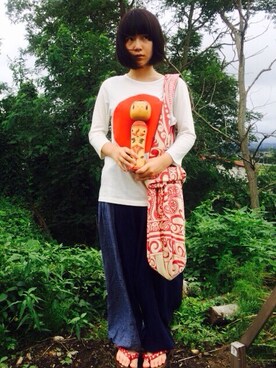 「チャイハネ（チャイハネ）のアイテム（トートバッグ、レッド系）」を使った、ルンさん（レディース・160cm）の秋コーディネート