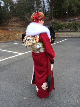 「アイテム（水着/着物・浴衣、レッド系）」を使った、ｍａｙｕさん（レディース・160cm）の冬コーディネート