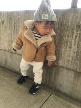 「petit main（プティマイン）のアイテム（ムートンコート）」を使った、Leo♛さん（キッズ・80cm）の冬コーディネート