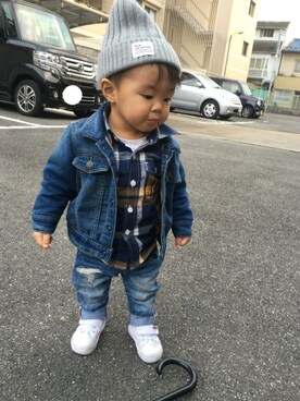 「デニムonデニム」｜「アイテム（ジャケット/アウター）」を使った、Leo♛さん（キッズ・80cm）の冬コーディネート