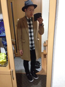 「ハットコーデ」｜「アイテム（ステンカラーコート）」を使った、ma$aさん（メンズ・170cm）の秋コーディネート