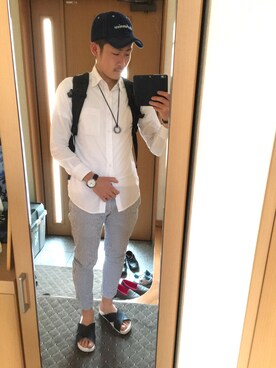 「palktonのアイテム（サンダル、ホワイト系）」を使った、ma$aさん（メンズ・175cm）の春コーディネート