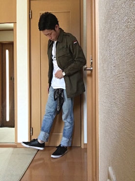 「古着のアイテム（ブルゾン、グリーン系）」を使った、ma$aさん（メンズ・175cm）の夏コーディネート