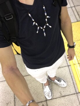 「BEAMSネックレスのアイテム（ネックレス、ブルー系）」を使った、ma$aさん（メンズ・175cm）の夏コーディネート