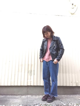 「アイテム（ライダースジャケット）」を使った、pさん（レディース・147cm）の秋コーディネート